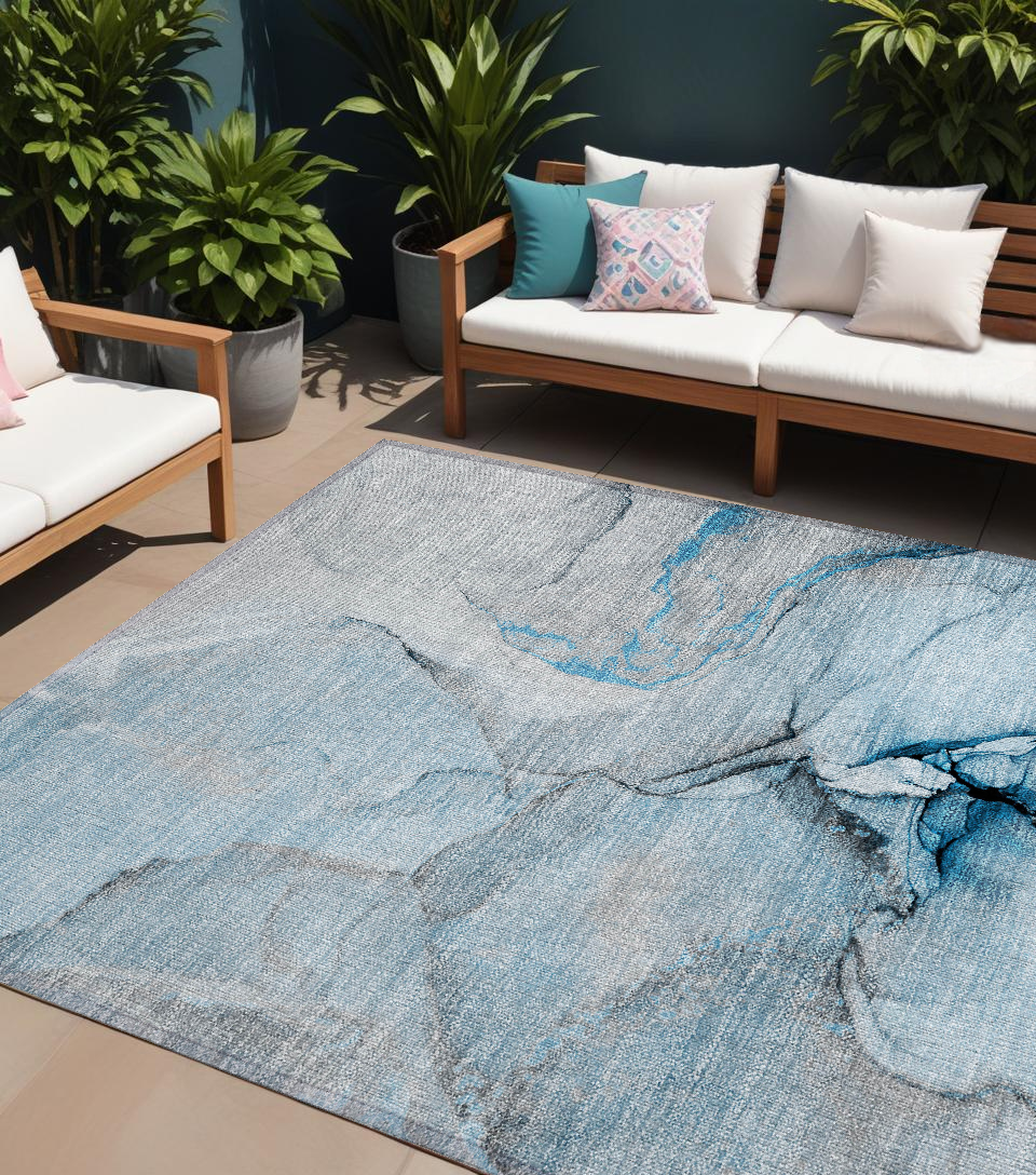 8' X 10' Blue And Ivory Abstract Washable Non Skid Indoor Outdoor Area Rug