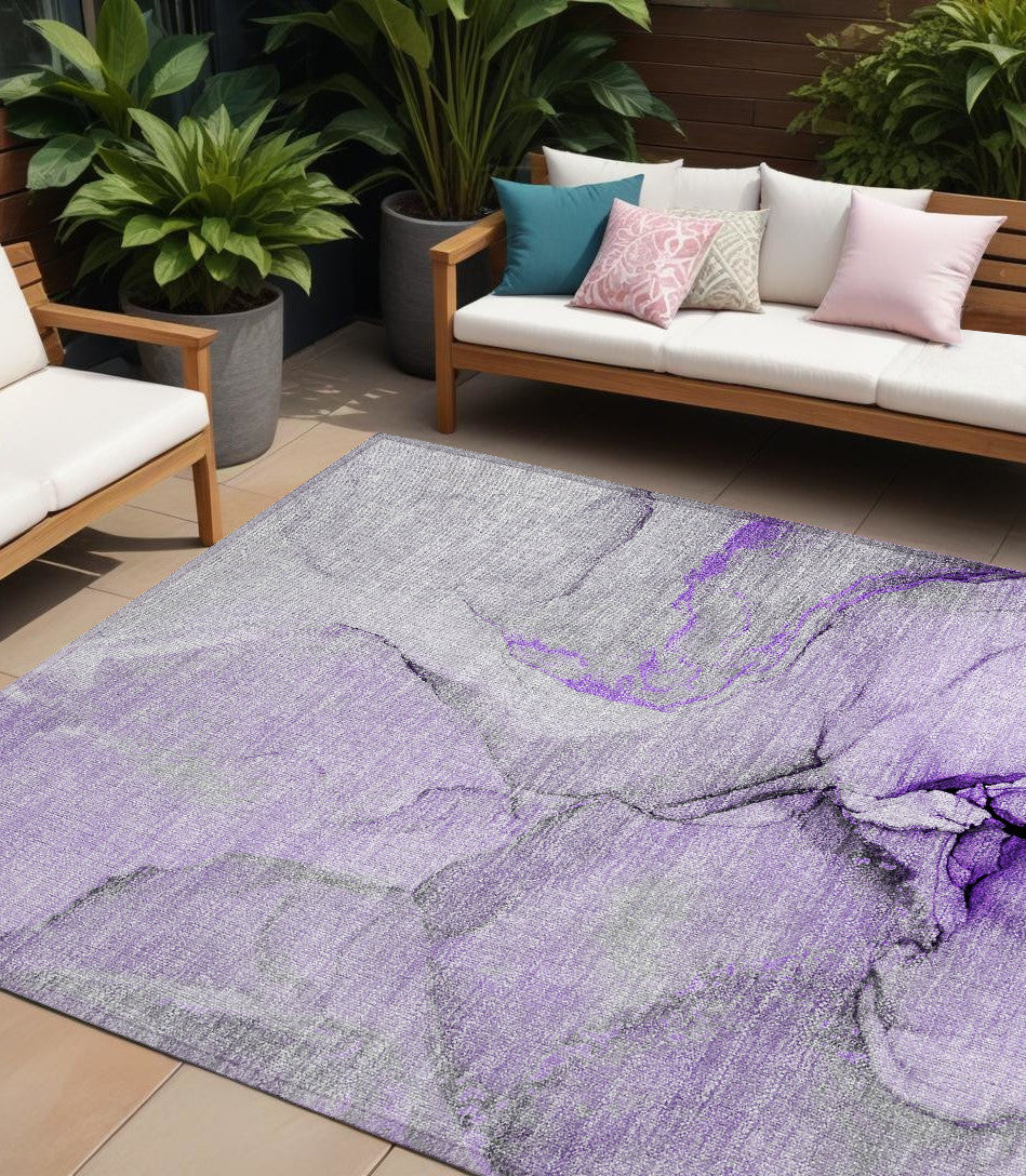 9' X 12' Purple And Ivory Abstract Washable Non Skid Indoor Outdoor Area Rug