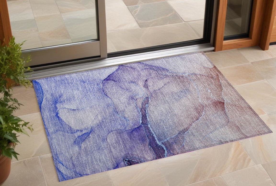 2' X 3' Blue And Brown Abstract Washable Non Skid Indoor Outdoor Area Rug
