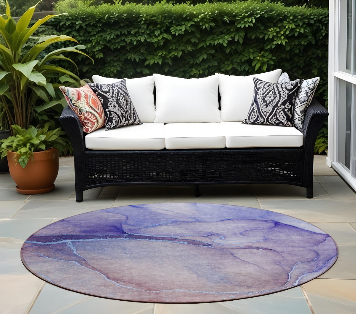 8' Round Blue And Brown Round Abstract Washable Non Skid Indoor Outdoor Area Rug