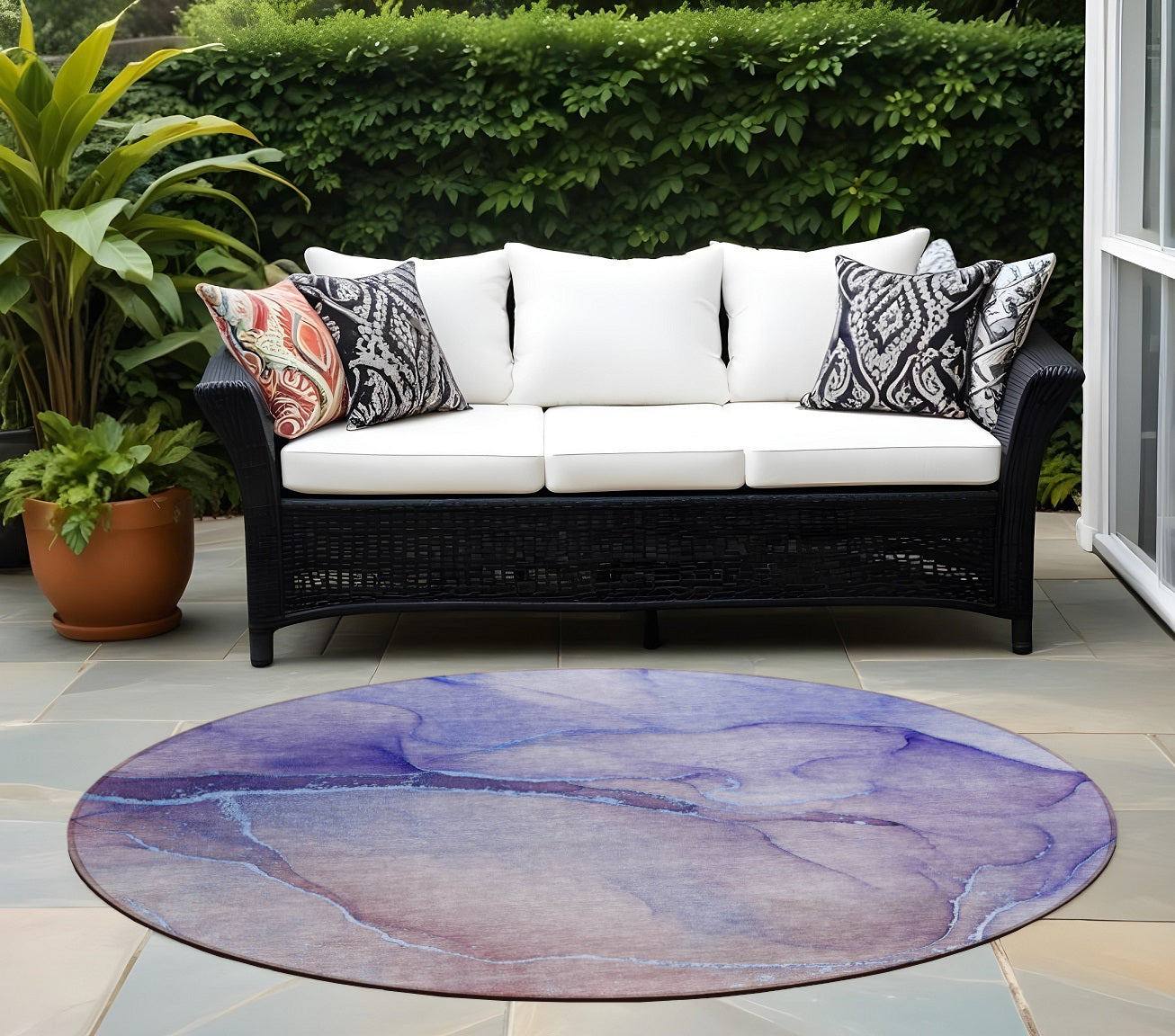 8' Round Blue And Brown Round Abstract Washable Non Skid Indoor Outdoor Area Rug