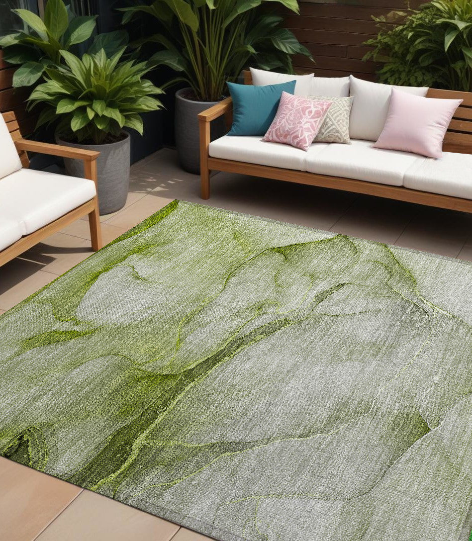 9' X 12' Olive Green Abstract Washable Non Skid Indoor Outdoor Area Rug