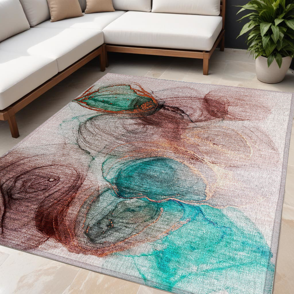 5' X 8' Burgundy Abstract Washable Non Skid Indoor Outdoor Area Rug