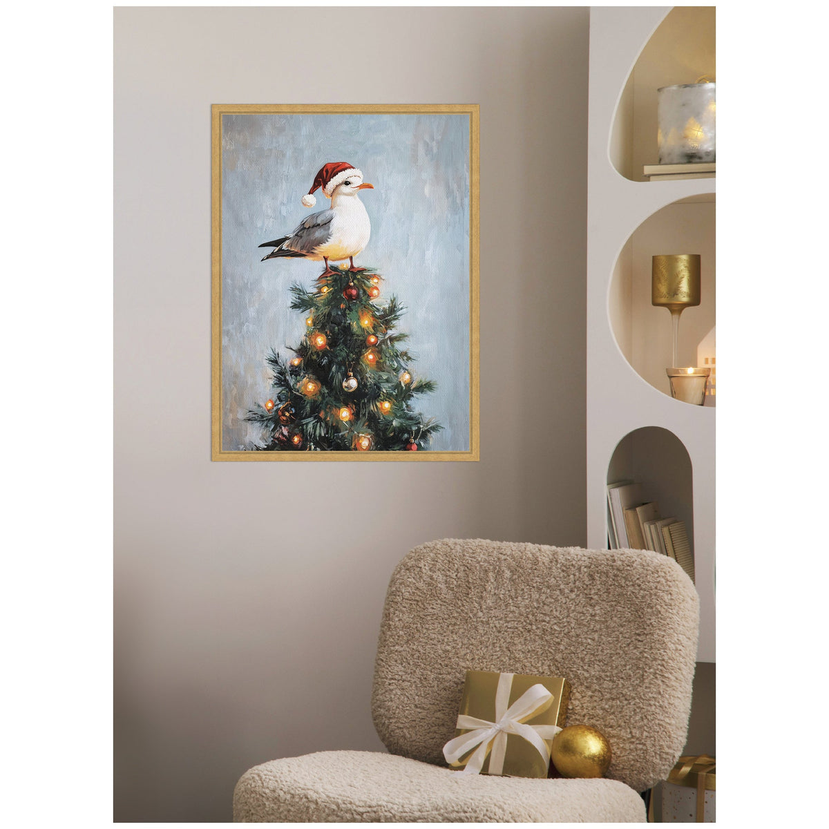 Sylvie Framed Canvas Seagull Santa Hat Festive Holiday Tree by The Creative Bunch Studio