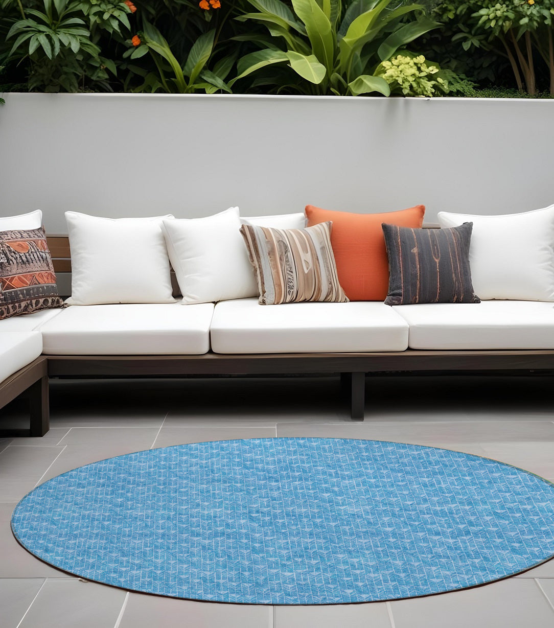 8' Round Blue Round Geometric Washable Non Skid Indoor Outdoor Area Rug
