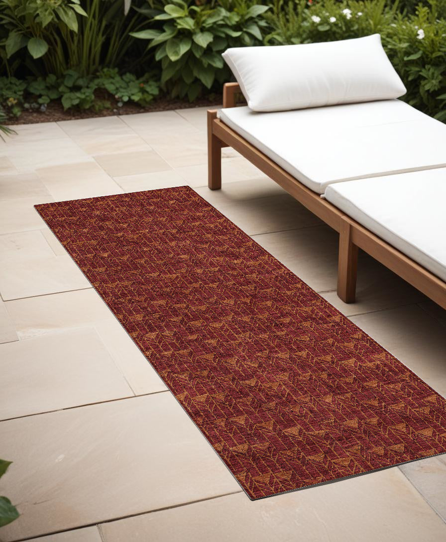 8' Runner Burgundy Geometric Washable Non Skid Indoor Outdoor Runner Rug