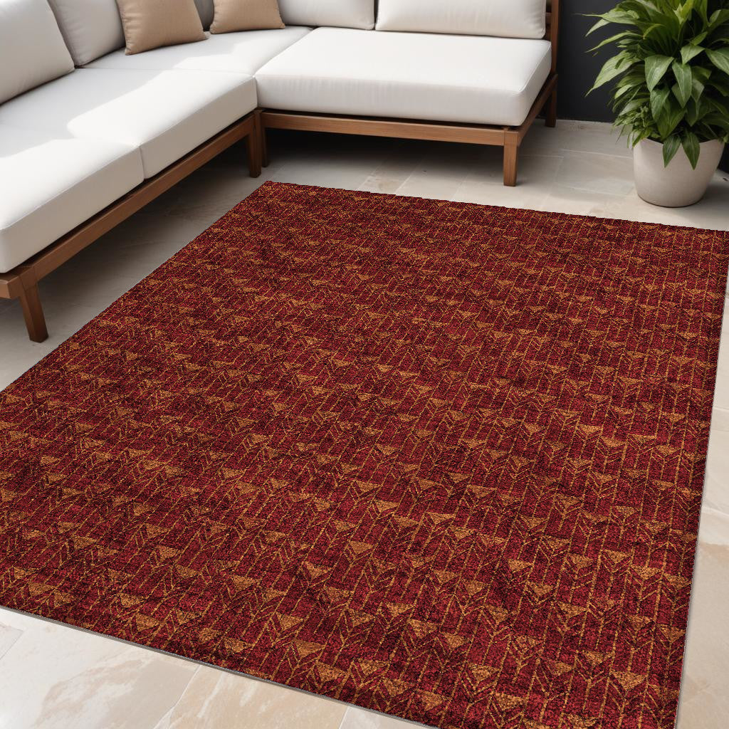5' X 8' Burgundy Geometric Washable Non Skid Indoor Outdoor Area Rug