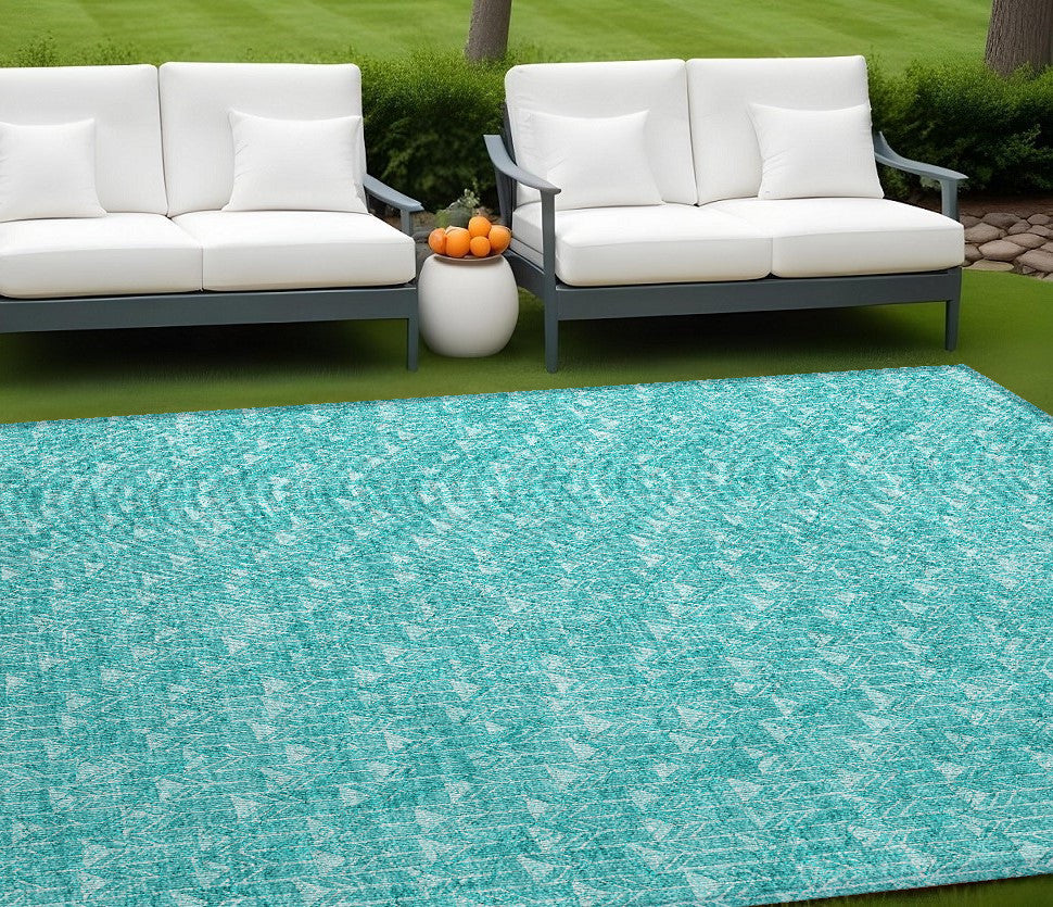 10' X 14' Turquoise Geometric Washable Non Skid Indoor Outdoor Area Rug