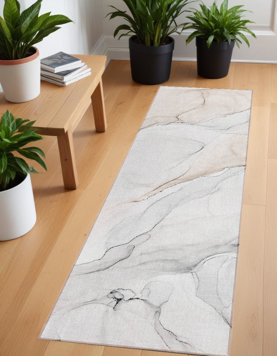 8' Runner Beige Ivory And Gray Abstract Washable Non Skid Indoor Outdoor Runner Rug
