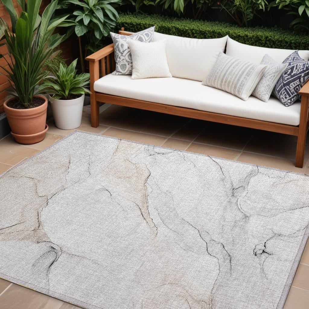 9' X 12' Beige Ivory And Gray Abstract Washable Non Skid Indoor Outdoor Area Rug