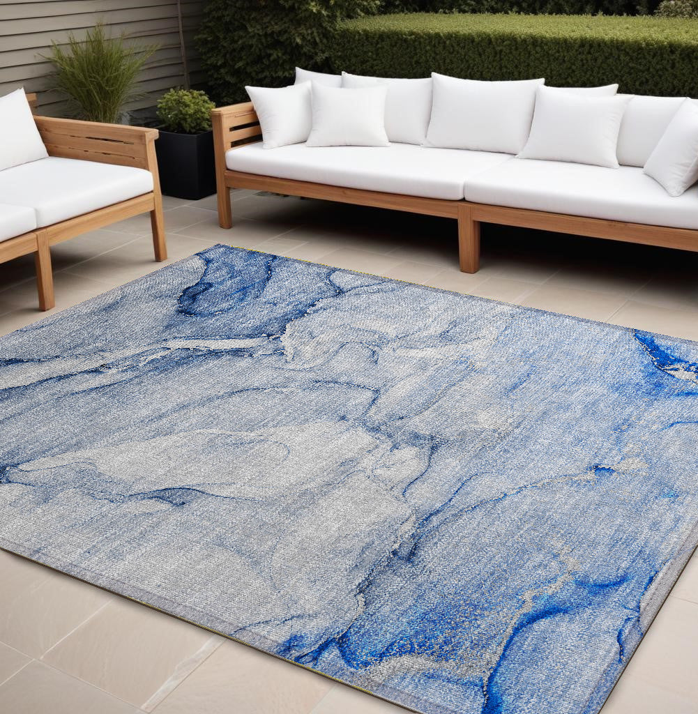 9' X 12' Navy Blue Abstract Washable Non Skid Indoor Outdoor Area Rug