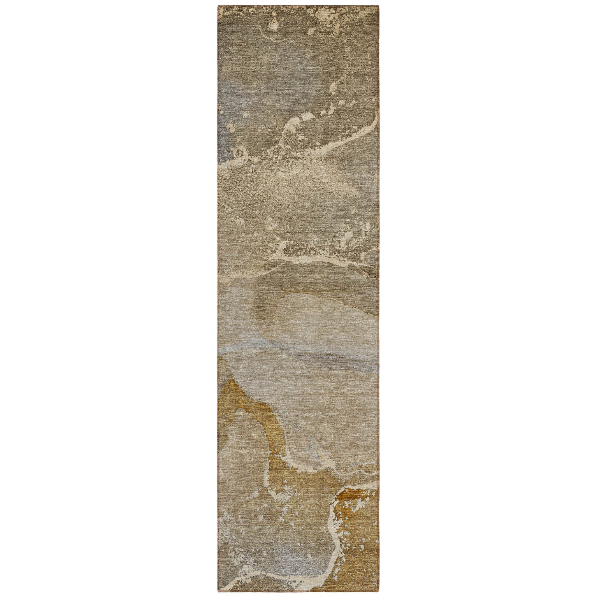 2' X 8' Brown Beige And Gold Abstract Washable Indoor Outdoor Runner Rug