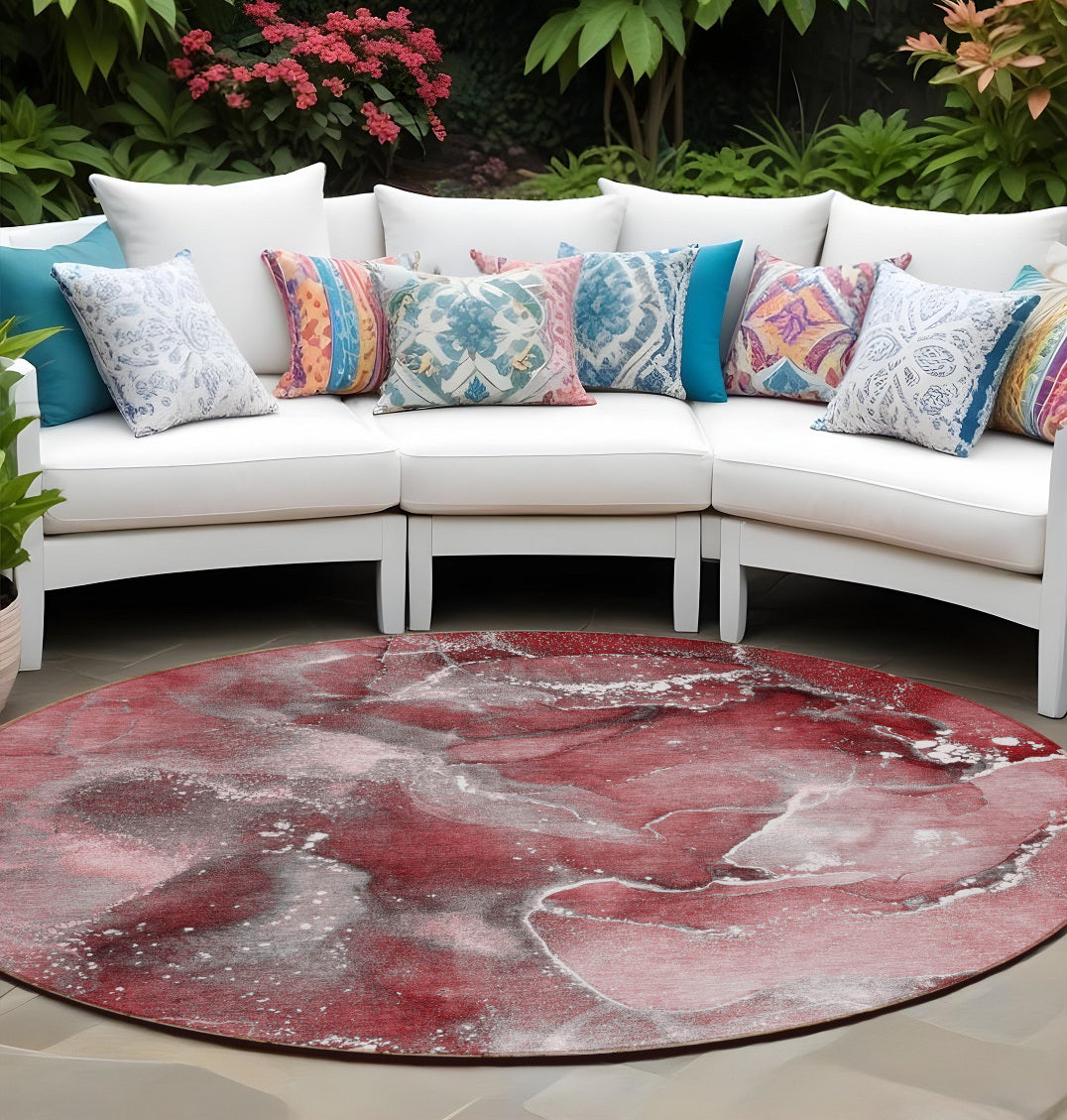 8' Round Merlot Round Abstract Washable Non Skid Indoor Outdoor Area Rug