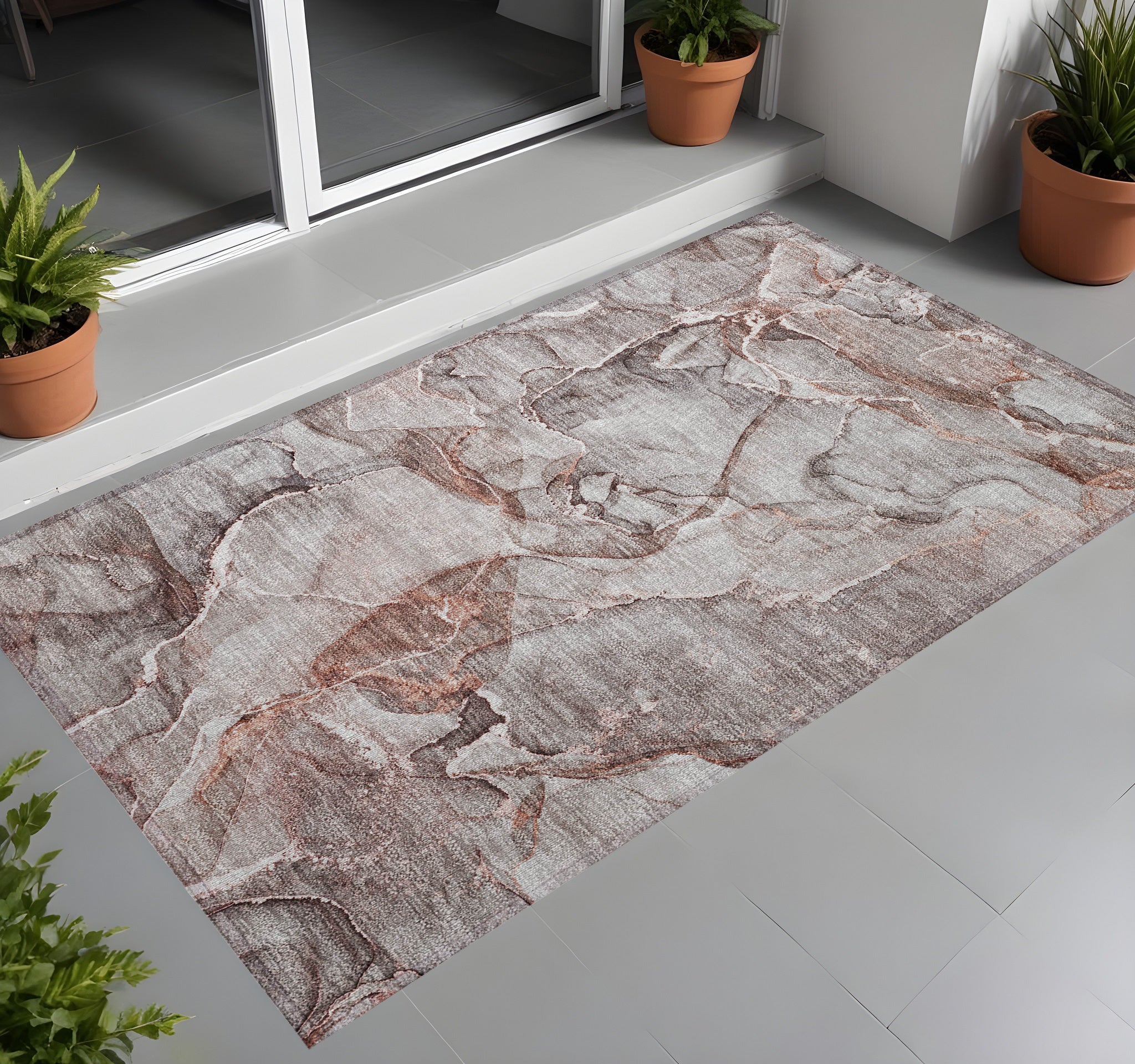 3' X 5' Gray And Red Abstract Washable Non Skid Indoor Outdoor Area Rug