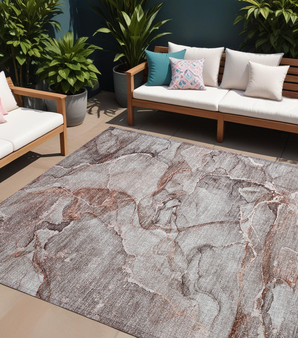 8' X 10' Gray And Red Abstract Washable Non Skid Indoor Outdoor Area Rug