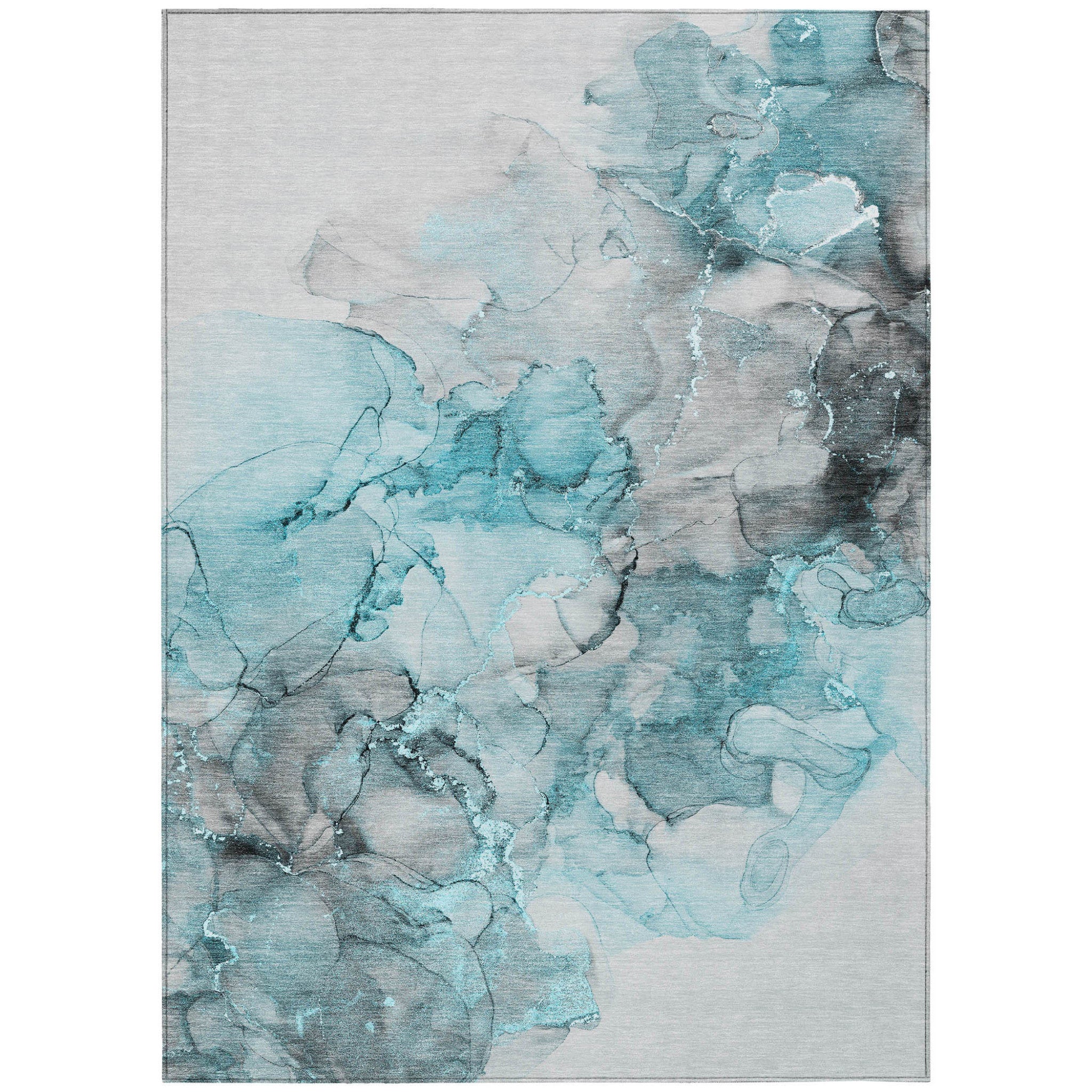 9' X 12' Teal And Gray Abstract Washable Indoor Outdoor Area Rug