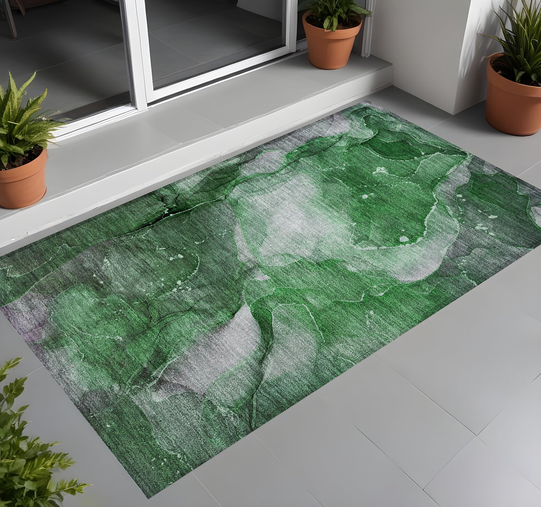 3' X 5' Emerald Abstract Washable Non Skid Indoor Outdoor Area Rug