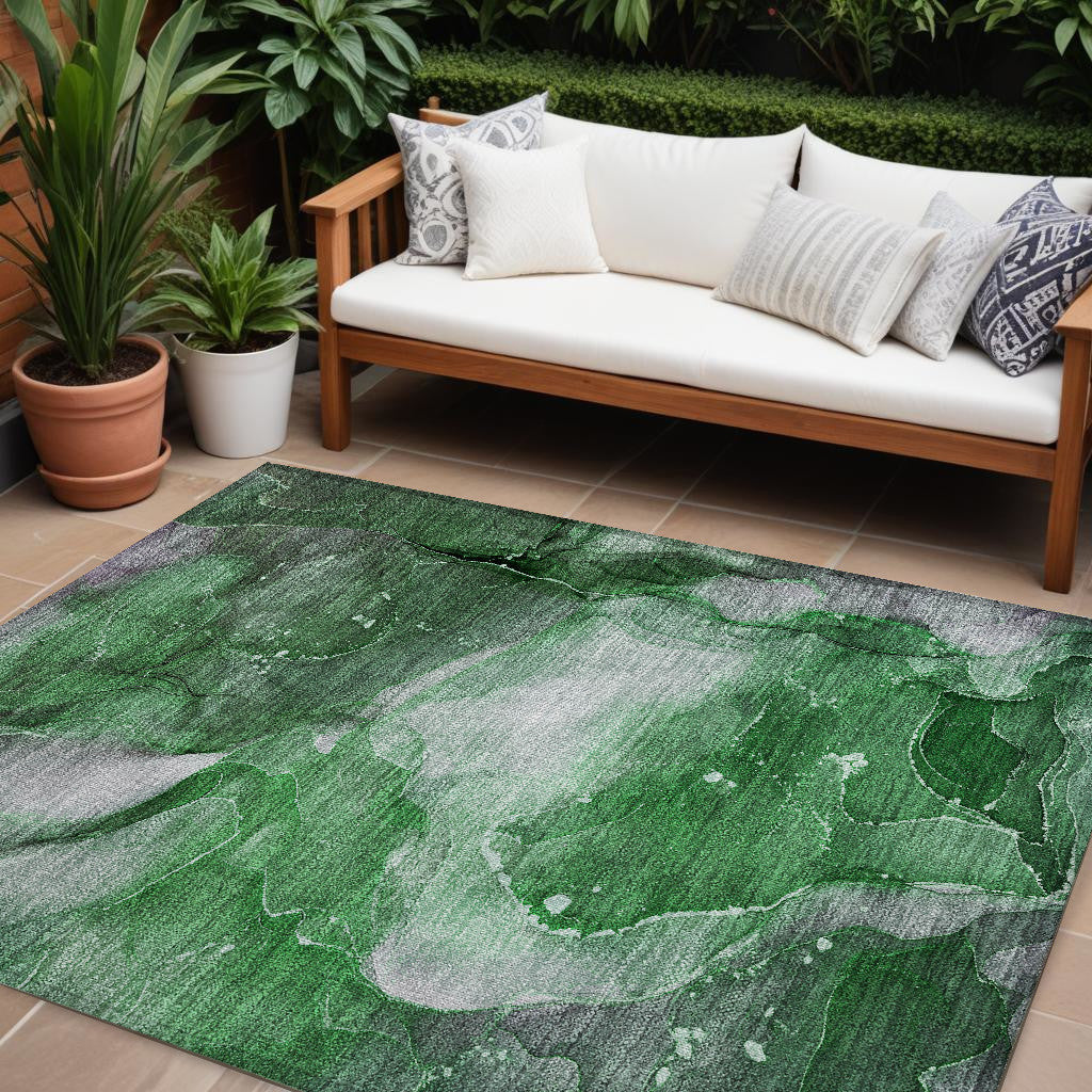 9' X 12' Emerald Abstract Washable Non Skid Indoor Outdoor Area Rug