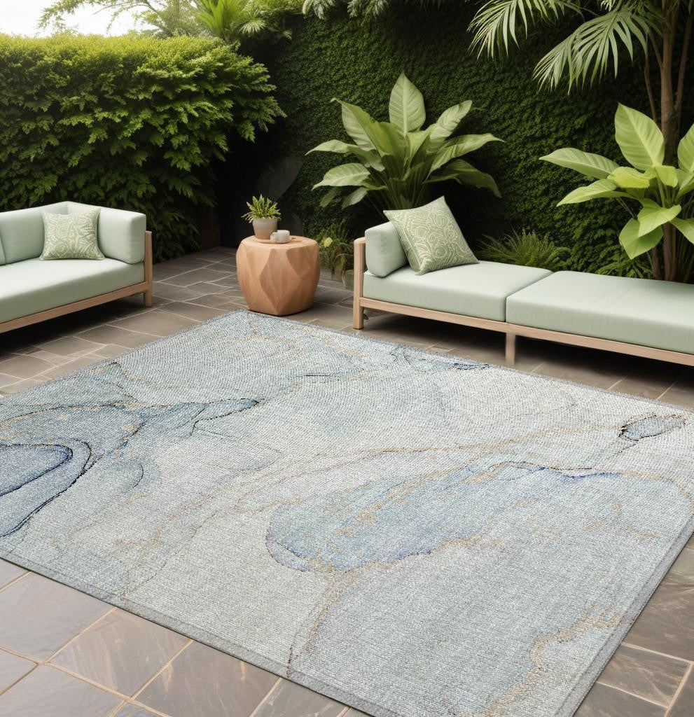 8' X 10' Beige And Blue Abstract Washable Non Skid Indoor Outdoor Area Rug