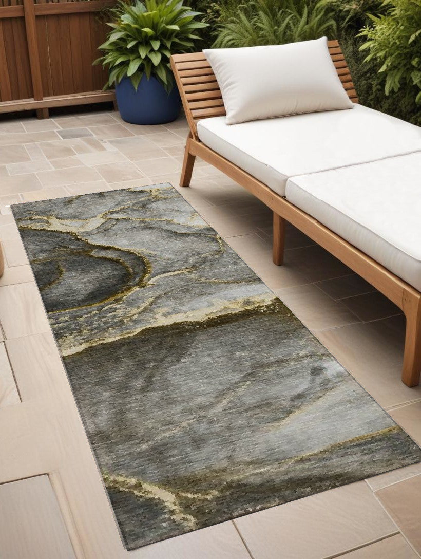 8' Runner Gray And Gold Abstract Washable Non Skid Indoor Outdoor Runner Rug