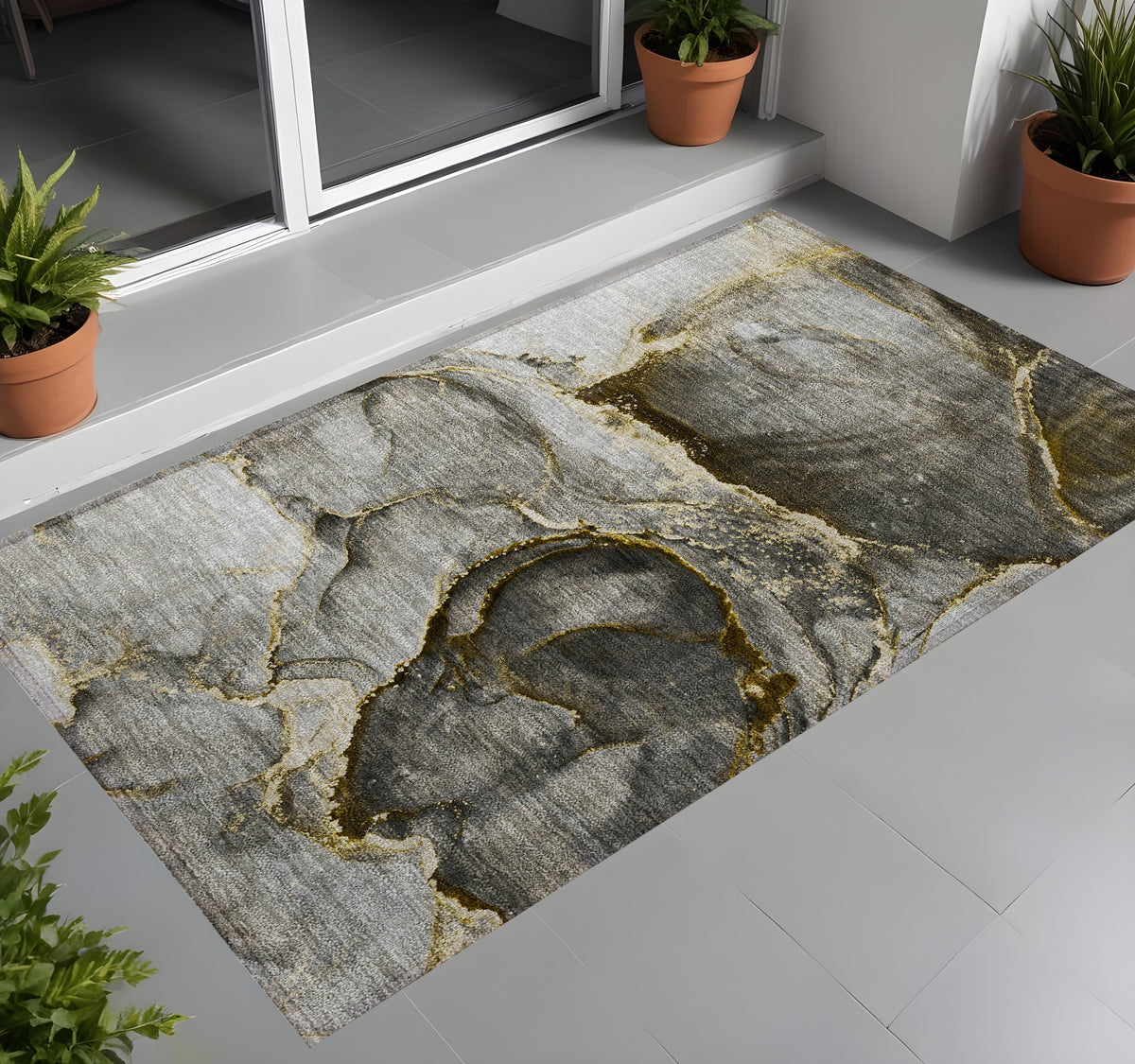 3' X 5' Gray And Gold Abstract Washable Non Skid Indoor Outdoor Area Rug