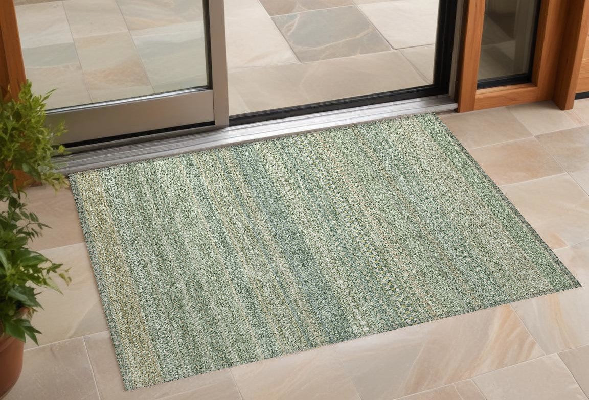 3' X 5' Artichoke Green Striped Washable Non Skid Indoor Outdoor Area Rug