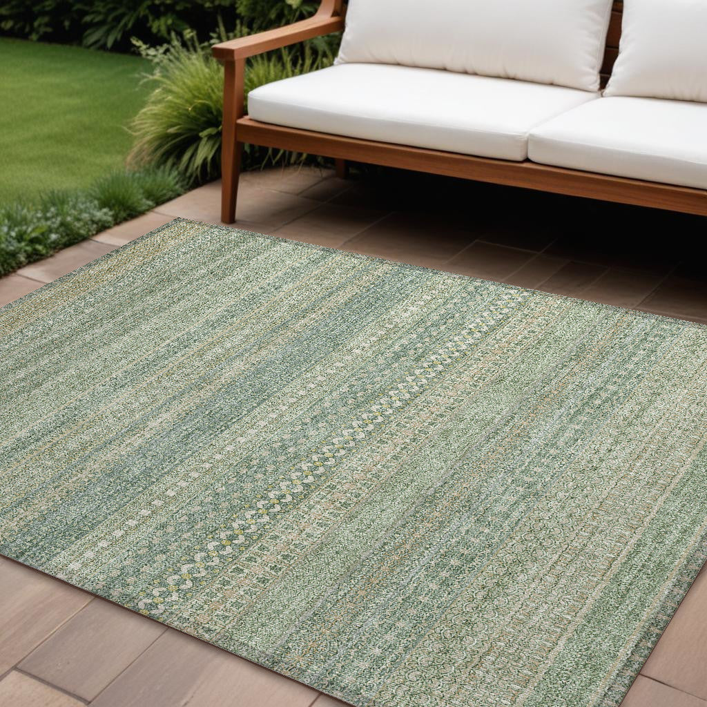 9' X 12' Artichoke Green Striped Washable Non Skid Indoor Outdoor Area Rug