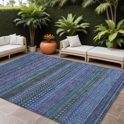 9' X 12' Blue And Green Striped Washable Non Skid Indoor Outdoor Area Rug