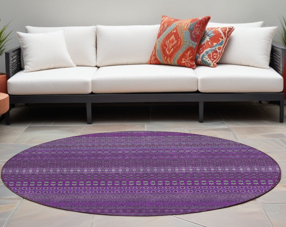 8' Round Eggplant Round Striped Washable Non Skid Indoor Outdoor Area Rug