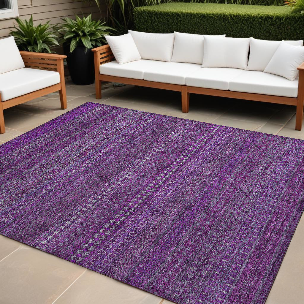 10' X 14' Eggplant Striped Washable Non Skid Indoor Outdoor Area Rug
