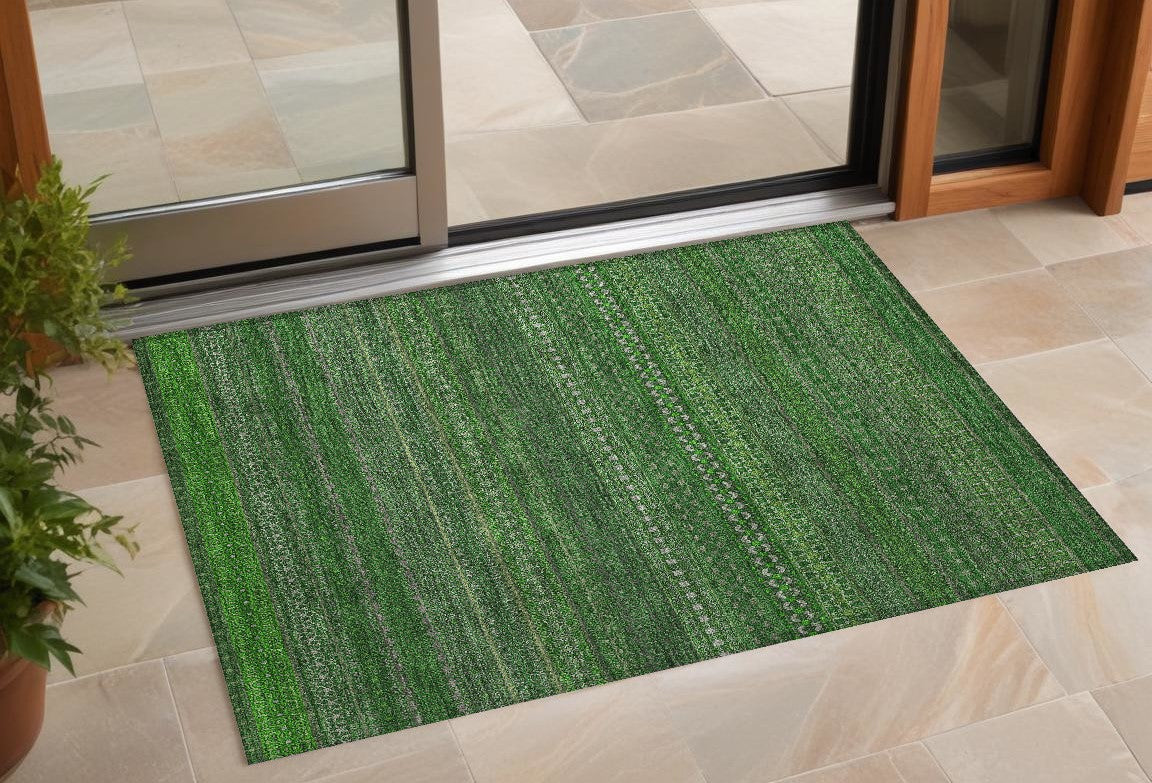 2' X 3' Fern Green Striped Washable Non Skid Indoor Outdoor Area Rug