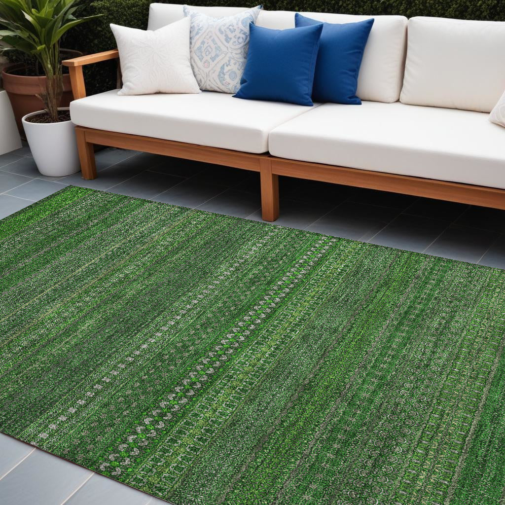 9' X 12' Fern Green Striped Washable Non Skid Indoor Outdoor Area Rug