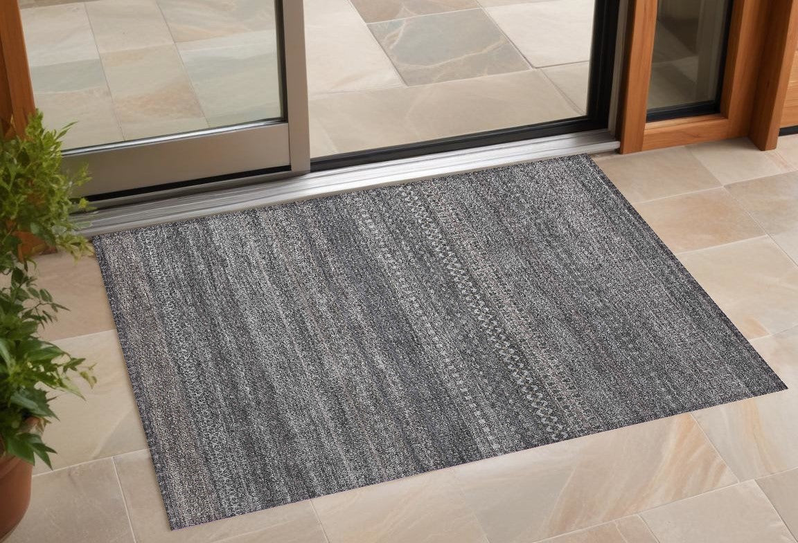 2' X 3' Gray Striped Washable Non Skid Indoor Outdoor Area Rug