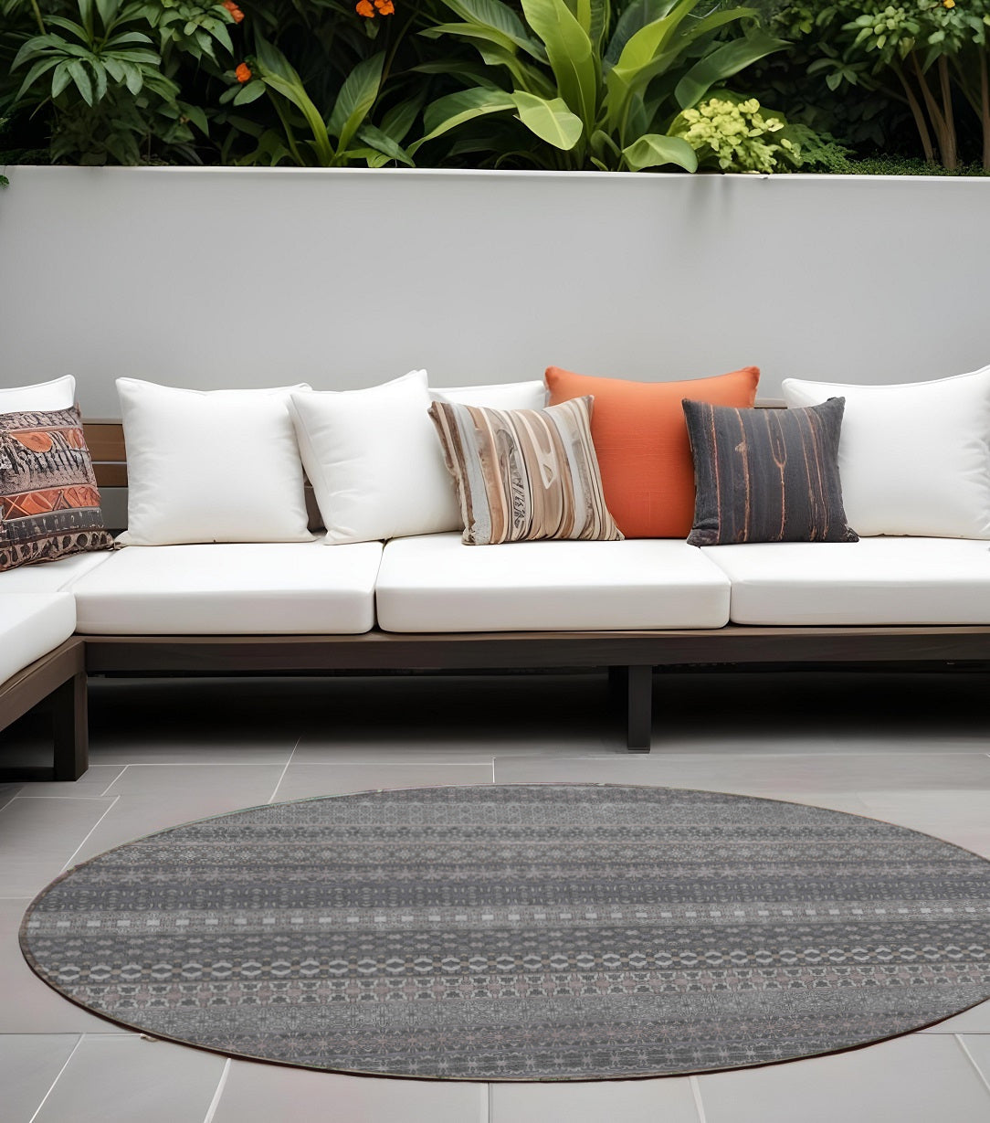 8' Round Gray Round Striped Washable Non Skid Indoor Outdoor Area Rug