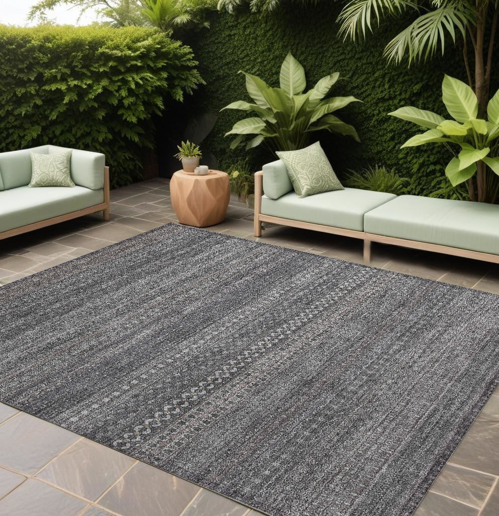 9' X 12' Gray Striped Washable Non Skid Indoor Outdoor Area Rug