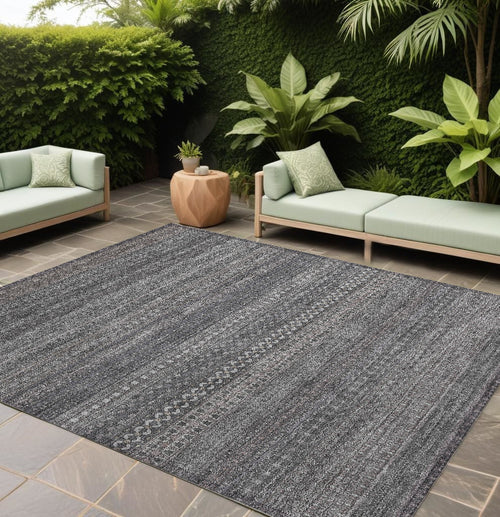 10' X 14' Gray Striped Washable Non Skid Indoor Outdoor Area Rug