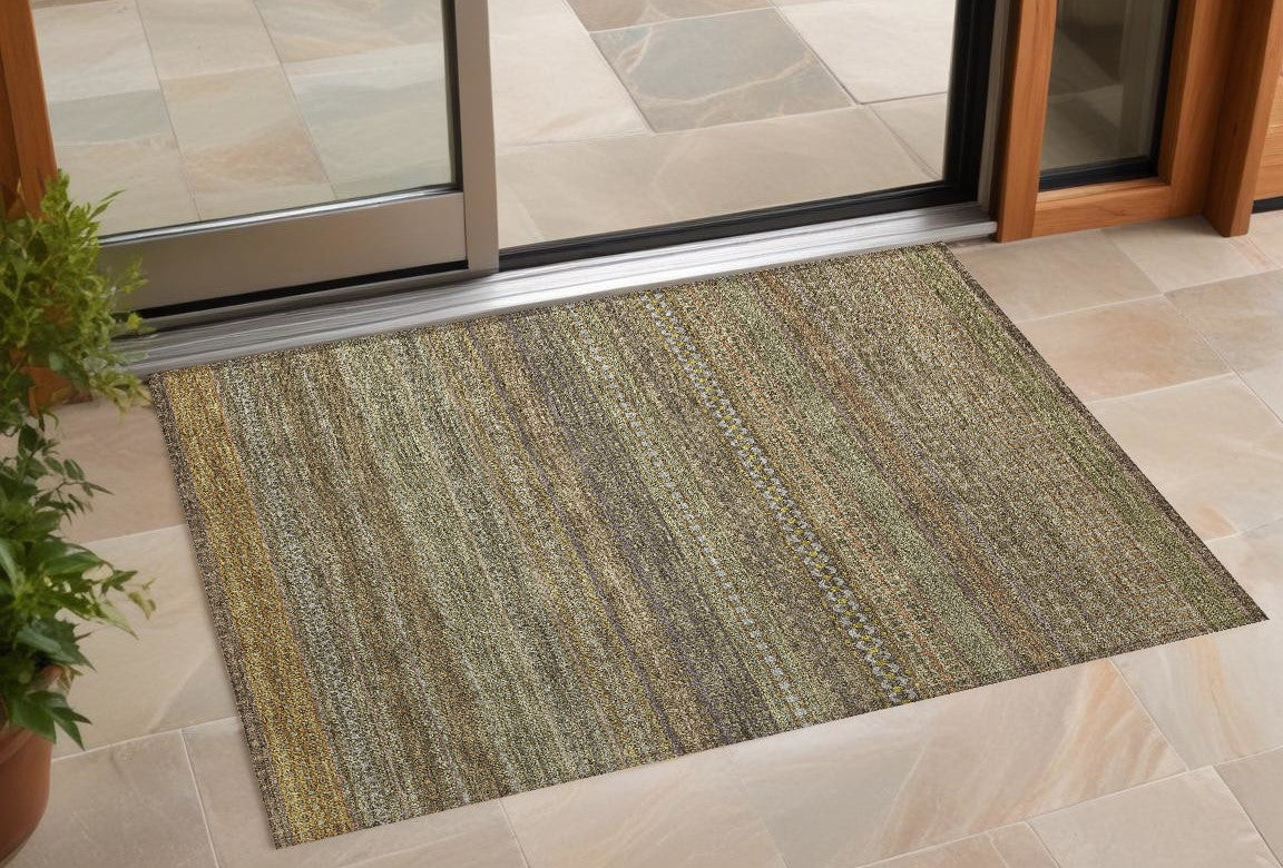 2' X 3' Khaki Striped Washable Non Skid Indoor Outdoor Area Rug