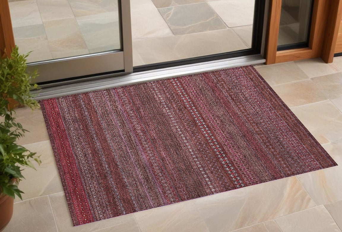 2' X 3' Merlot Striped Washable Non Skid Indoor Outdoor Area Rug