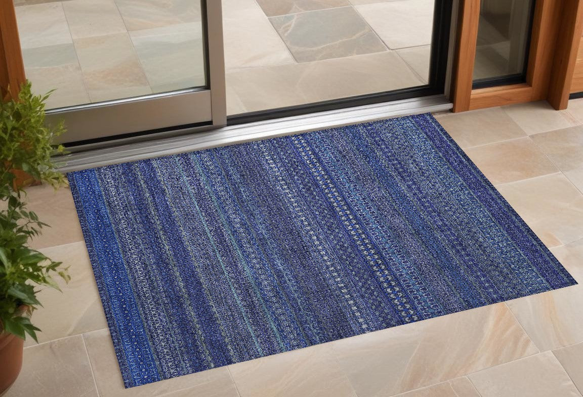 3' X 5' Navy Blue Striped Washable Non Skid Indoor Outdoor Area Rug