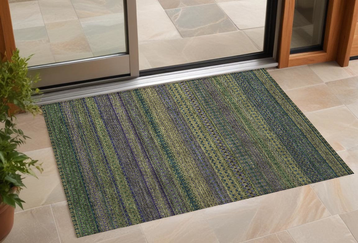 3' X 5' Olive Green Striped Washable Non Skid Indoor Outdoor Area Rug