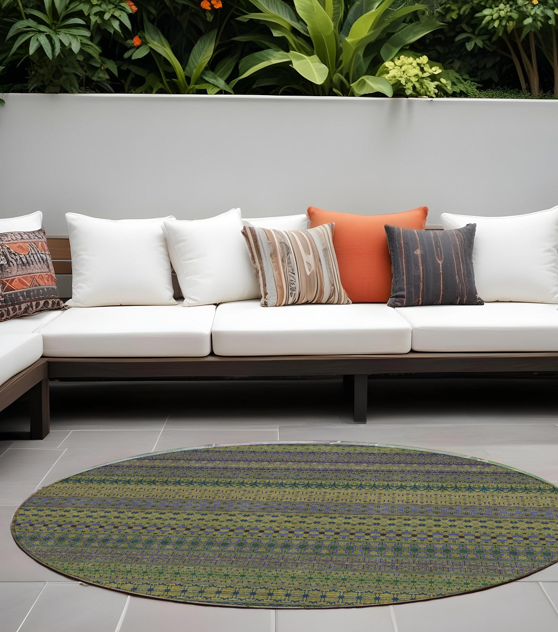 8' Round Olive Green Round Striped Washable Non Skid Indoor Outdoor Area Rug