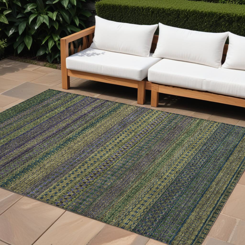 9' X 12' Olive Green Striped Washable Non Skid Indoor Outdoor Area Rug