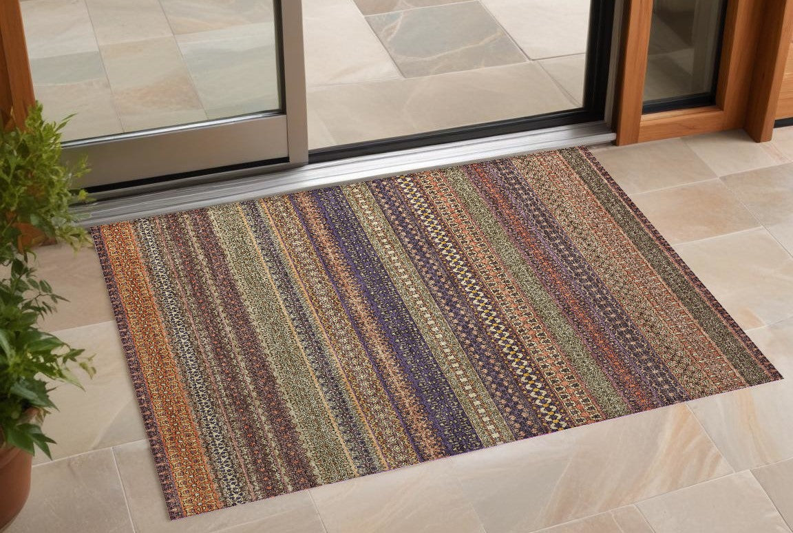 2' X 3' Orange Striped Washable Non Skid Indoor Outdoor Area Rug