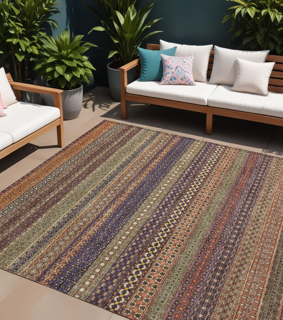 10' X 14' Orange Striped Washable Non Skid Indoor Outdoor Area Rug