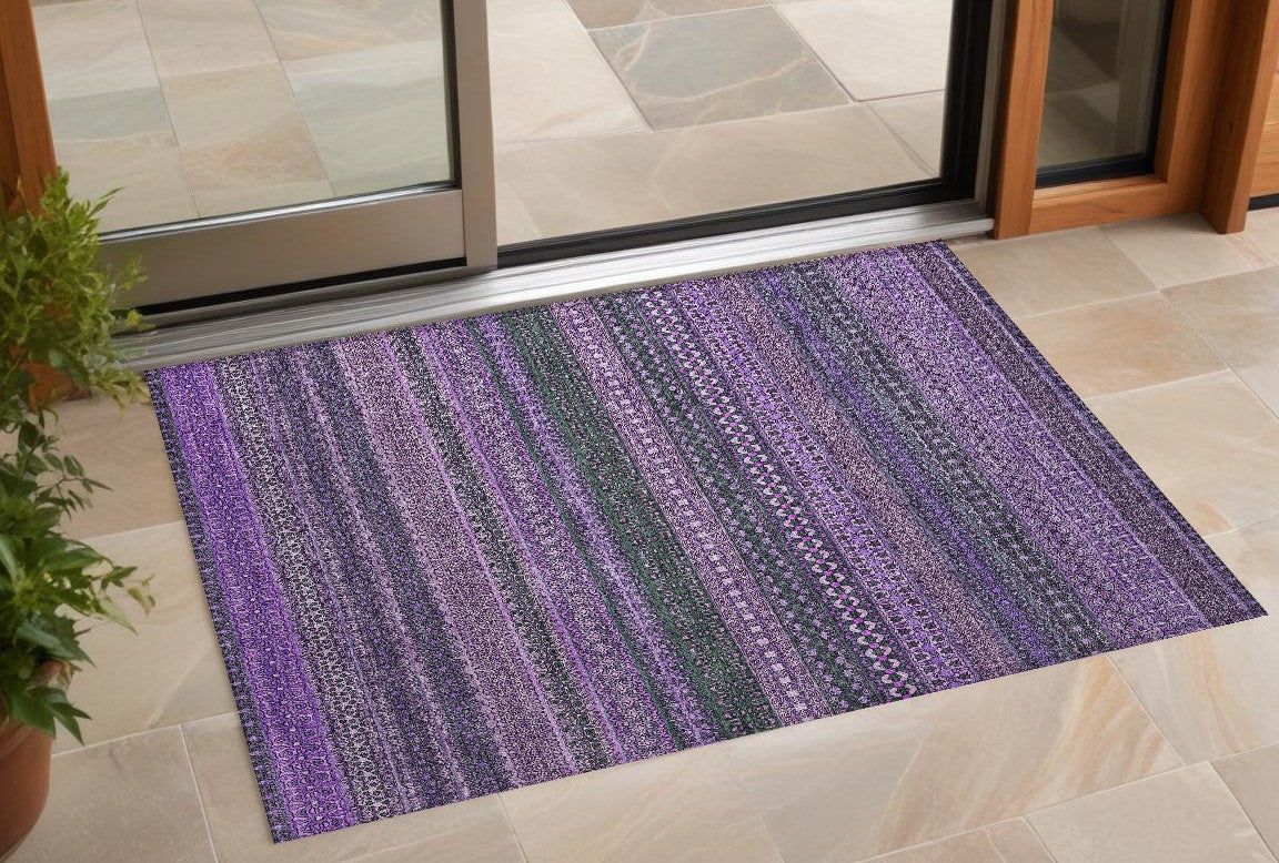 2' X 3' Purple Striped Washable Non Skid Indoor Outdoor Area Rug