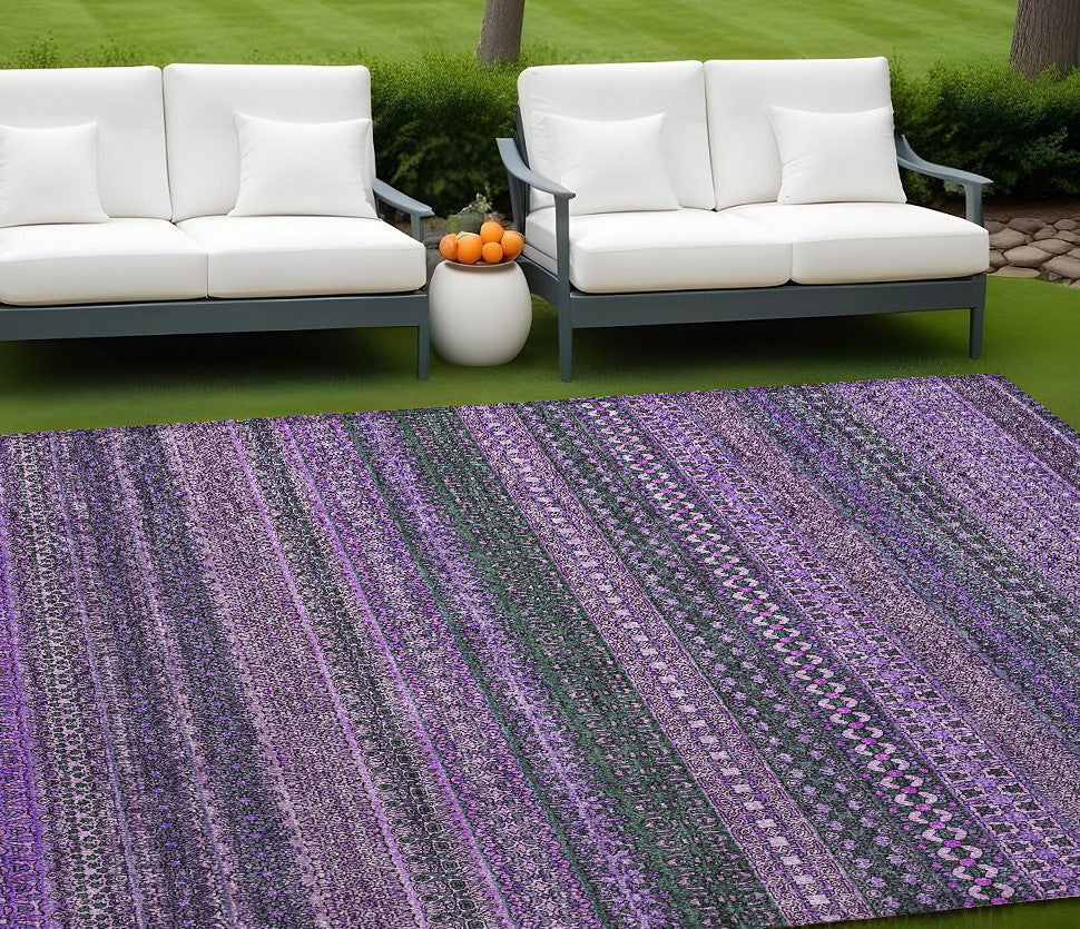 9' X 12' Purple Striped Washable Non Skid Indoor Outdoor Area Rug