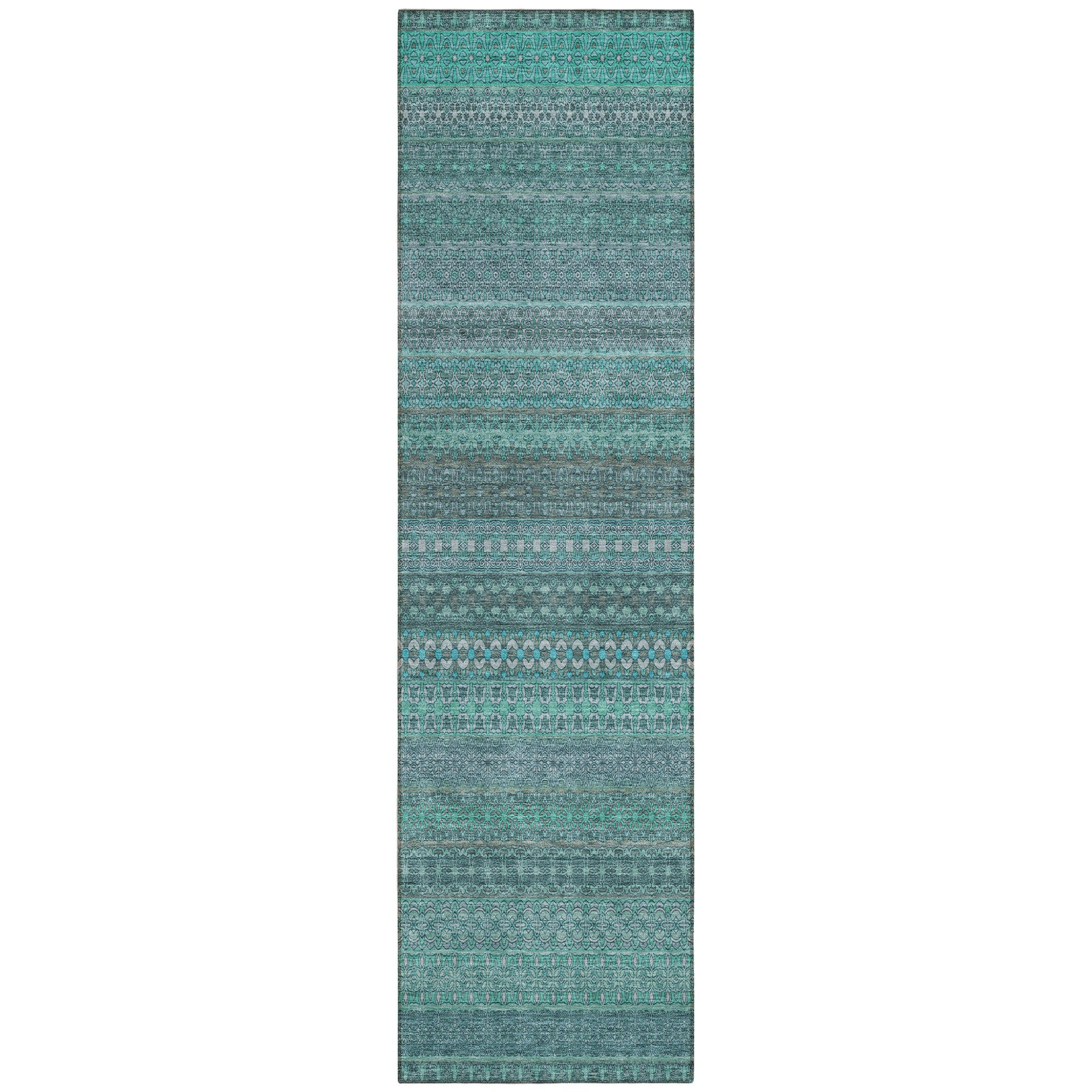 8' Runner Turquoise Striped Washable Non Skid Indoor Outdoor Runner Rug