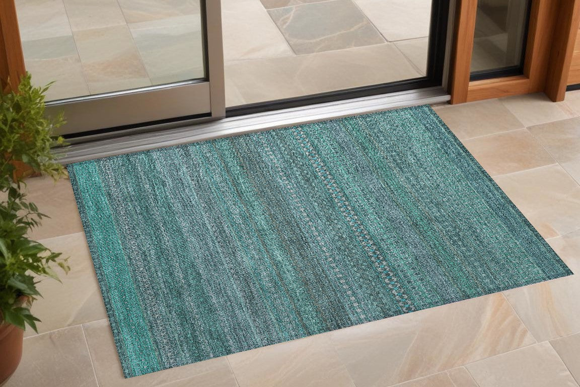 3' X 5' Turquoise Striped Washable Non Skid Indoor Outdoor Area Rug