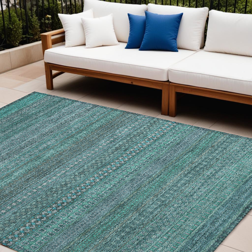 10' X 14' Turquoise Striped Washable Non Skid Indoor Outdoor Area Rug