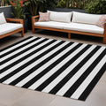 10' X 14' Black And White Striped Washable Non Skid Indoor Outdoor Area Rug